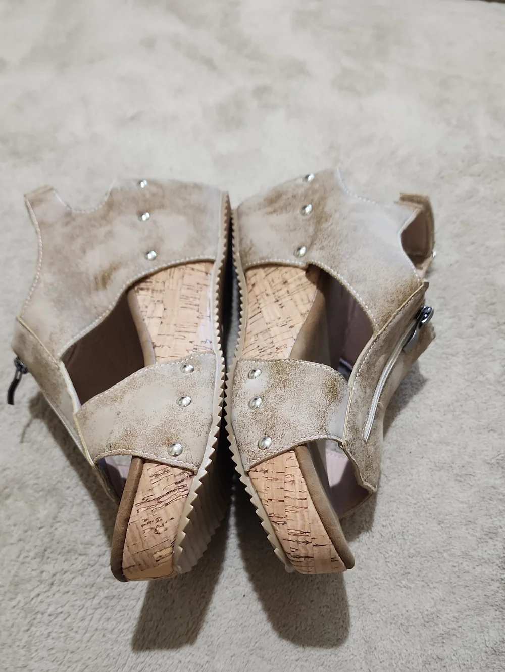 NWT.Taupe Studded Wedge Slide Sandals with Zip Detail - Women